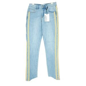 Anthropologie EVIDNT Track Trim Slim Jeans Women 24 Light Wash Yellow Stripe NWT